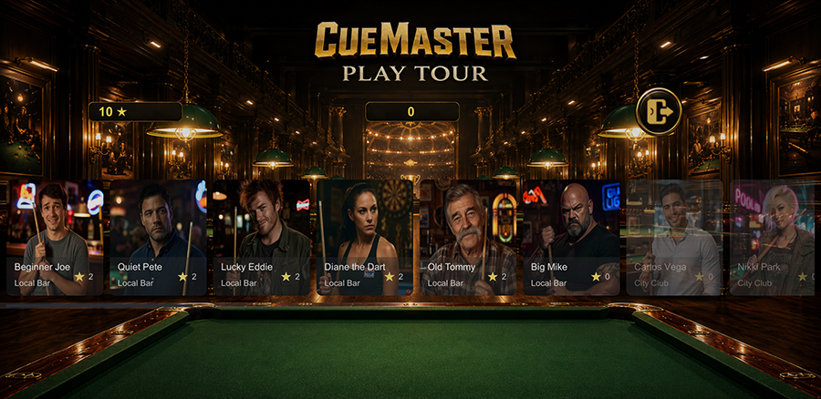 CueMaster gameplay screenshot — cue stick aimed at the cue ball with the 8-ball rack visible on a 3D pool table in a luxurious pool hall
