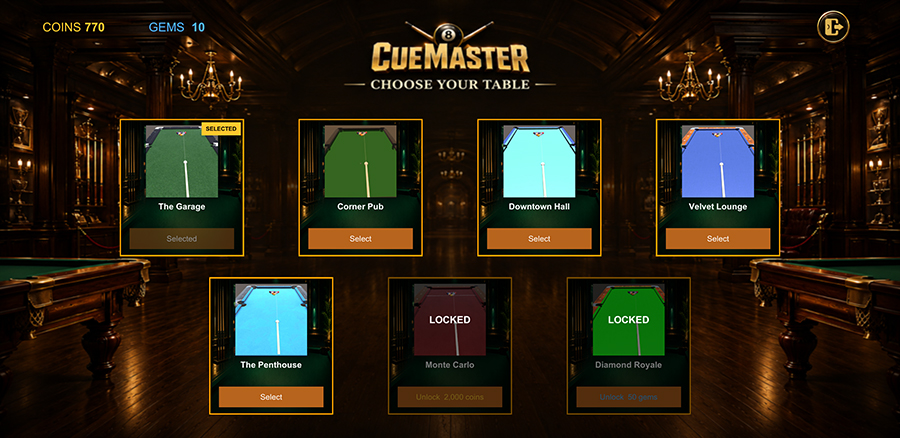 CueMaster star rating reward screen showing 3 stars earned after winning an 8 ball pool match with speed, precision, and finishing skill bonuses