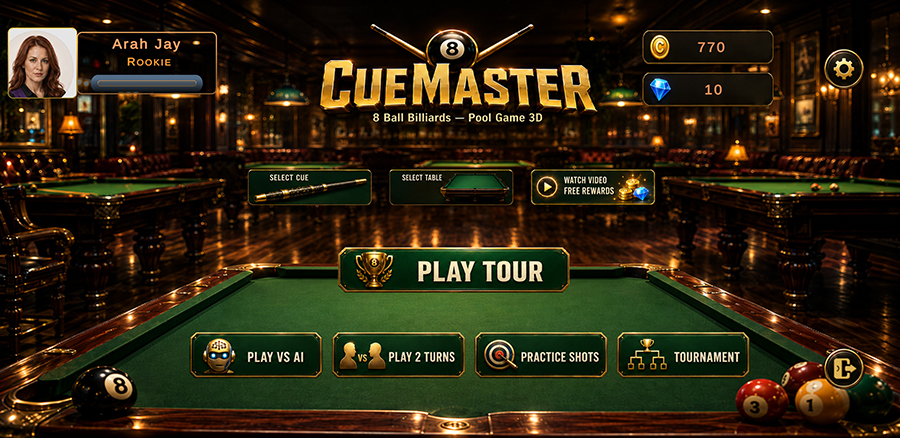 CueMaster rewards menu with daily login bonus, lucky wheel spin, free reward video, and coin and gem economy for the offline pool game