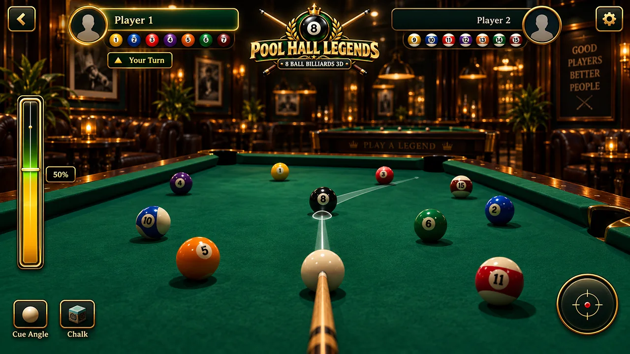 Pool Hall Legends realistic 3D pool table, cue and billiard balls