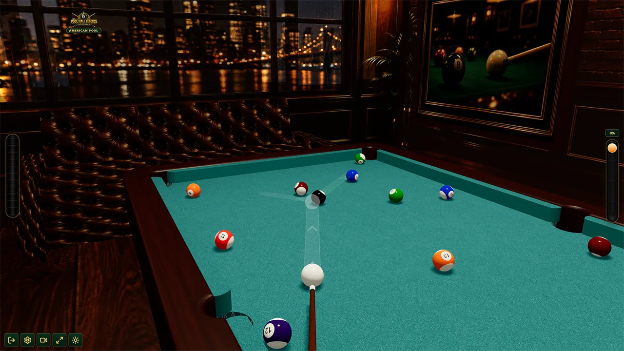 Pool Hall Legends billiards aiming line and cue power controls