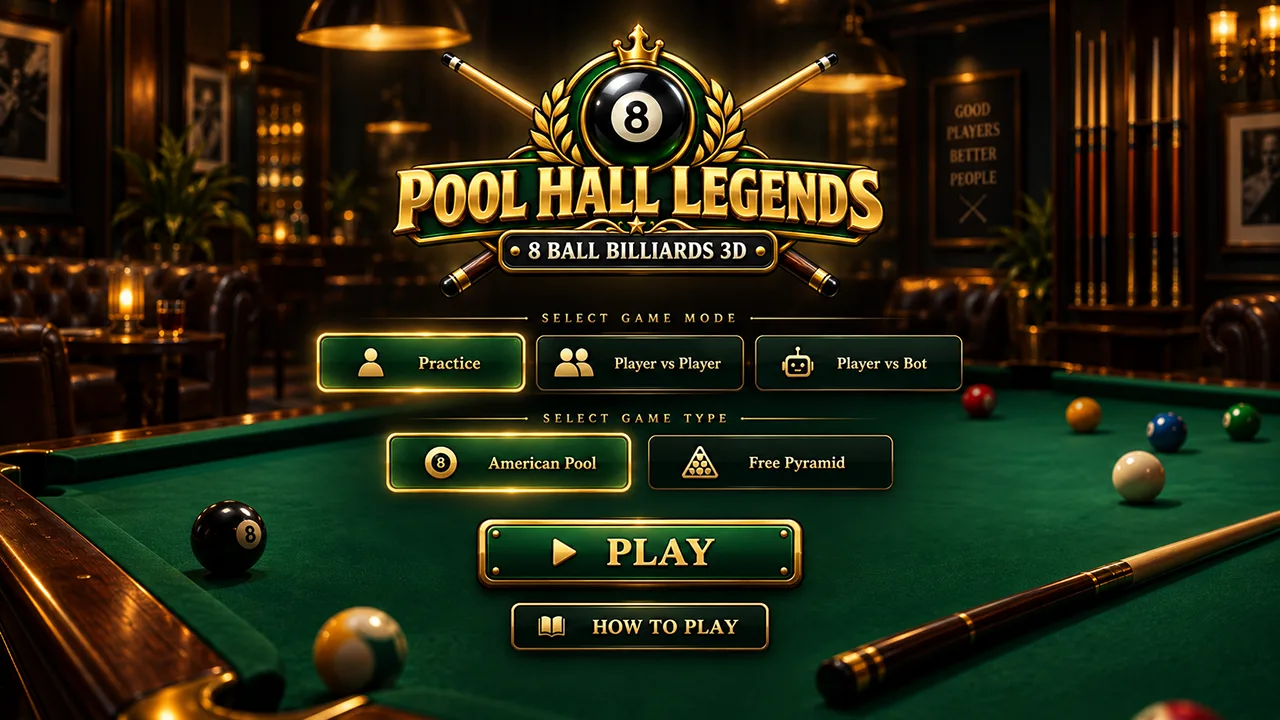 Pool Hall Legends main menu with 8 ball billiards game modes