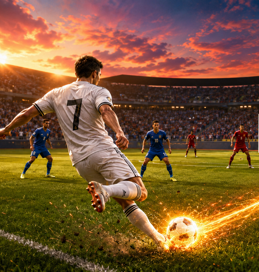 Curve Strike 3D: Pro Football gameplay — striker bending a free kick around defenders
