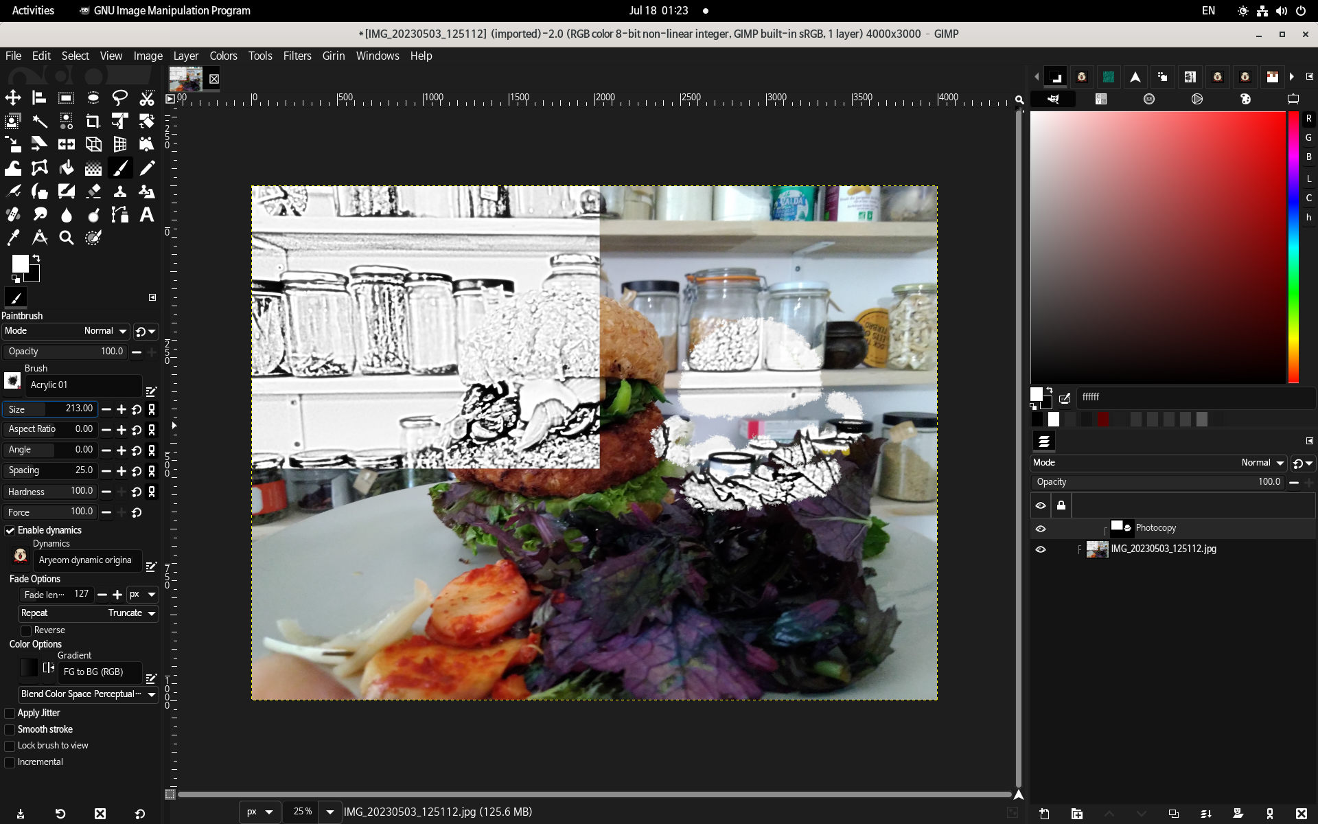 GIMP main interface showing image editing workspace, tools, brushes, and layers panel