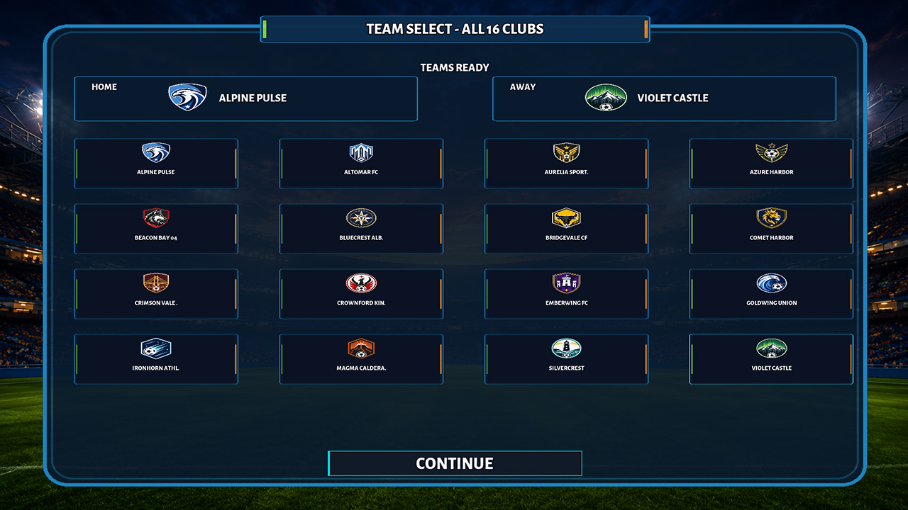 Golazo team selection screen showing the sixteen playable clubs