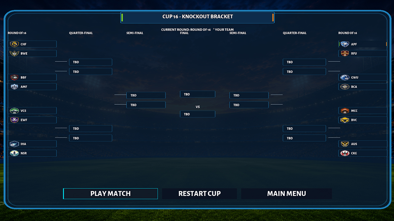 Golazo cup bracket screen showing the sixteen-team knockout draw