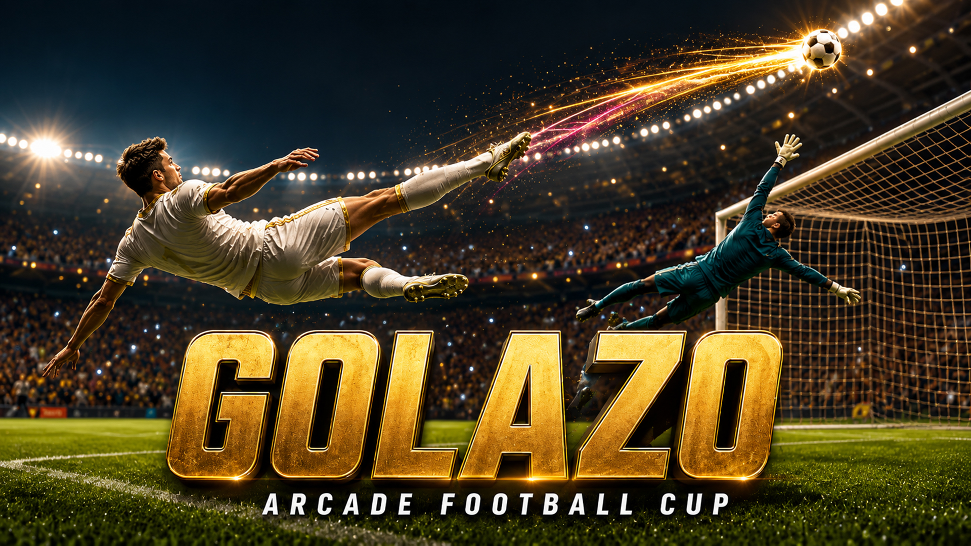 A Golazo striker curling a shot into the far corner past a diving goalkeeper under floodlights