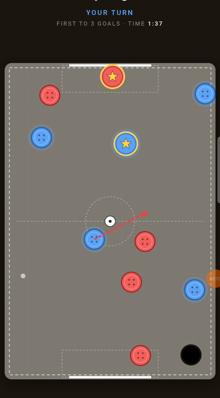 Jugador apuntando un tiro en el juego de botones Liga Callejera