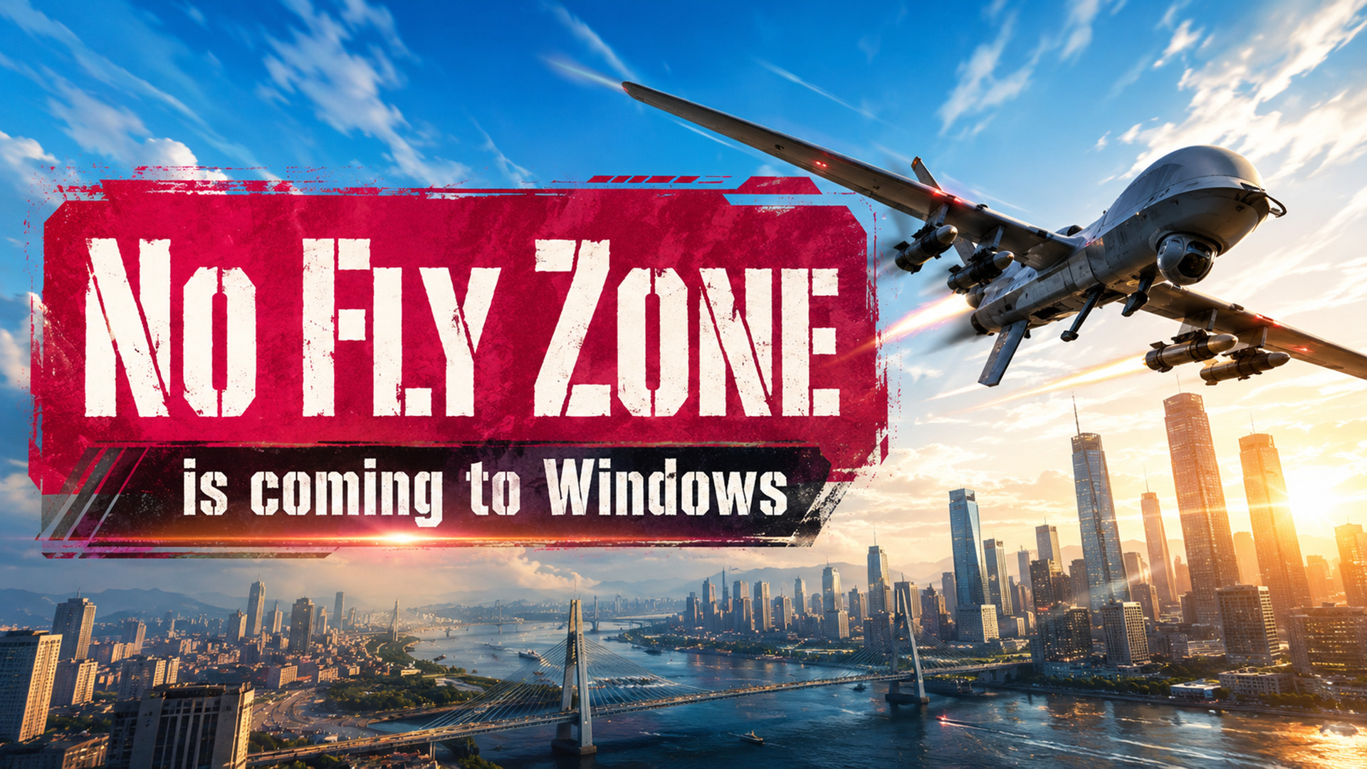 An armed drone banking hard over a city skyline at sunset in No Fly Zone