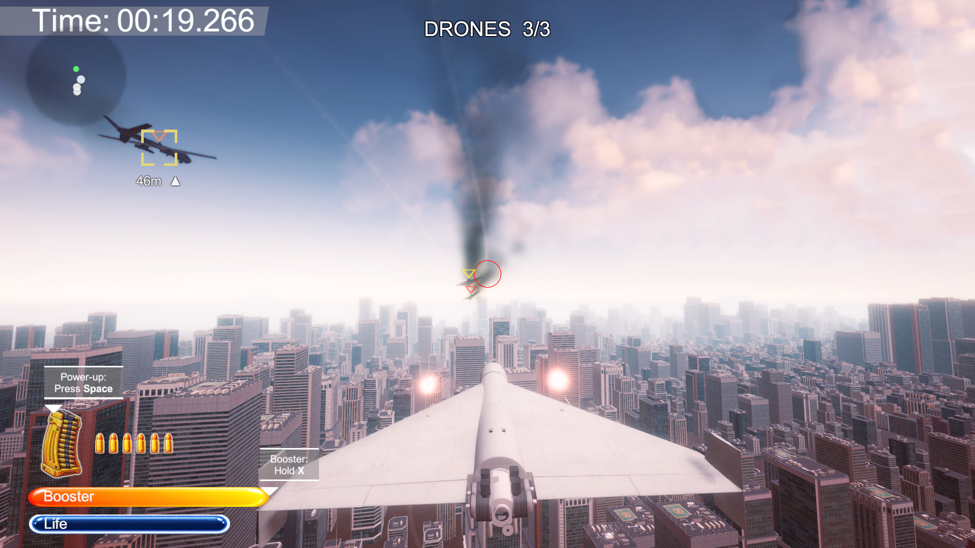 No Fly Zone gameplay: chasing an enemy drone between downtown towers
