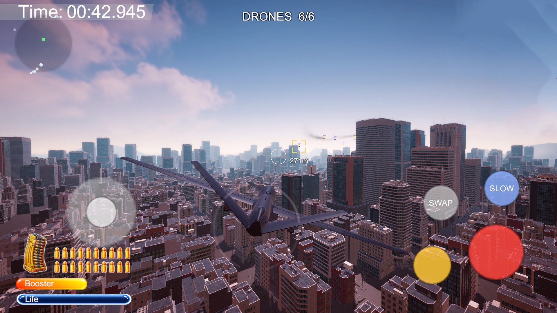 No Fly Zone gameplay: rooftop turret fire tracking the player drone