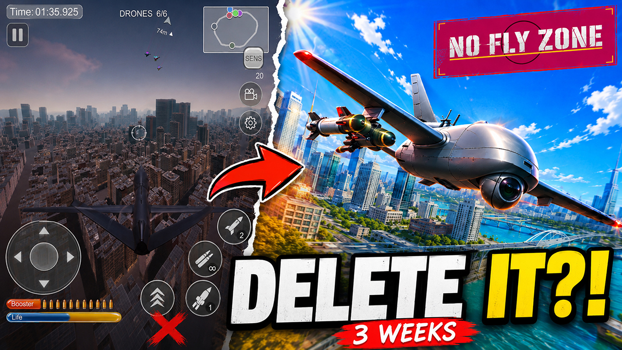No Fly Zone trailer thumbnail: a drone lining up a target over the city