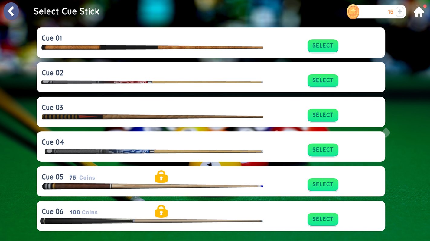 Cue stick selection screen in Pool 8 AI Trainer