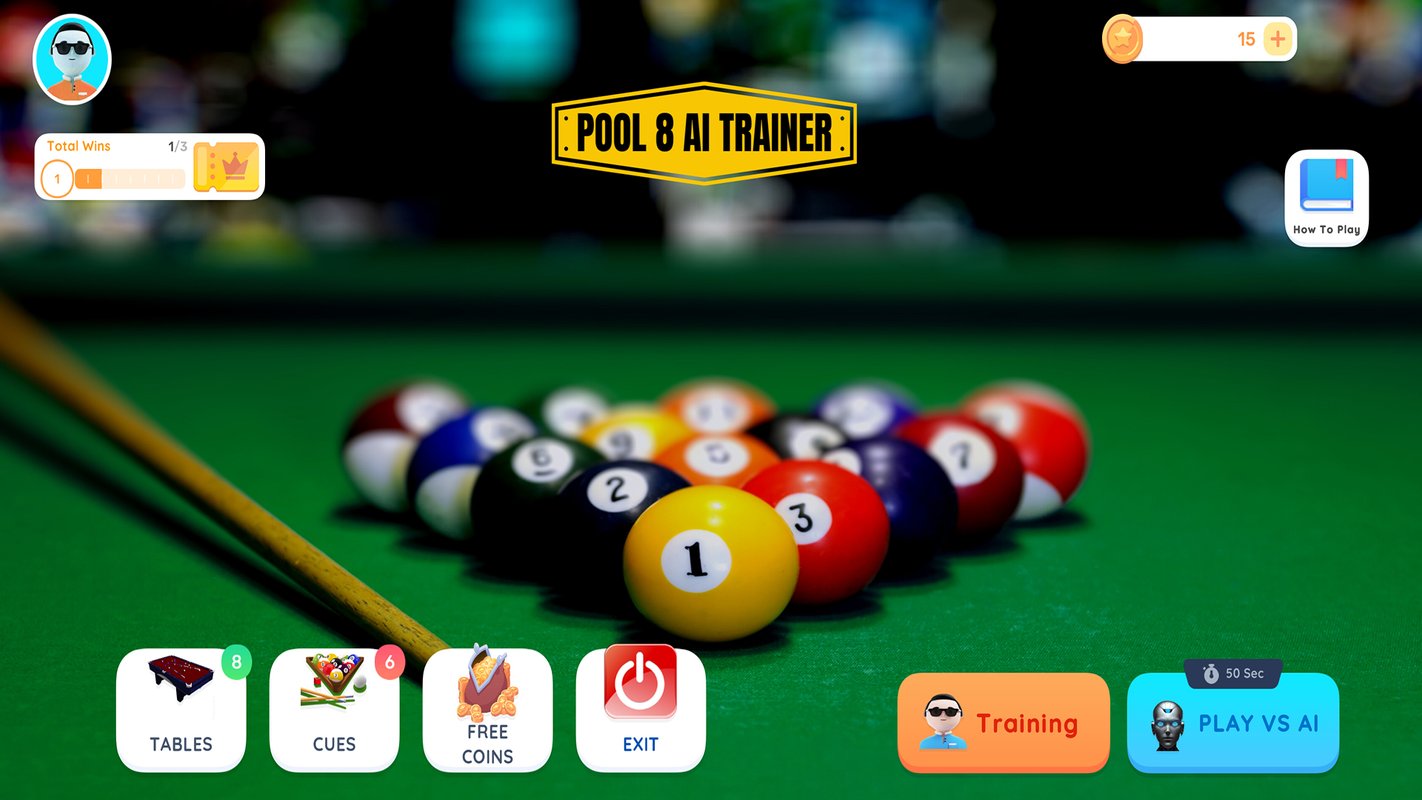 Pool 8 AI Trainer main menu showing the 8 ball pool table with Training and Play vs AI modes