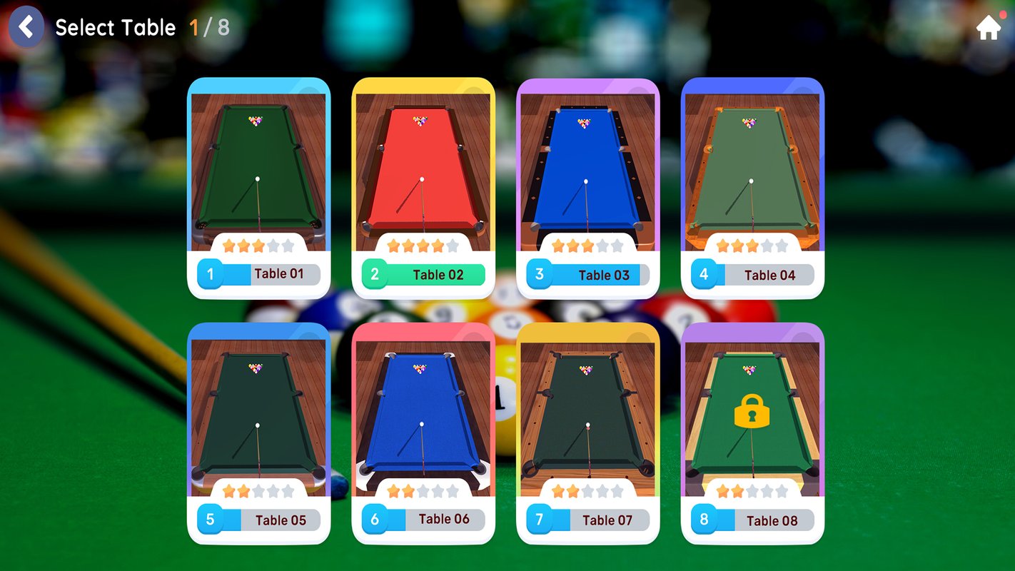 Pool 8 AI Trainer table selection with 8 different pool tables